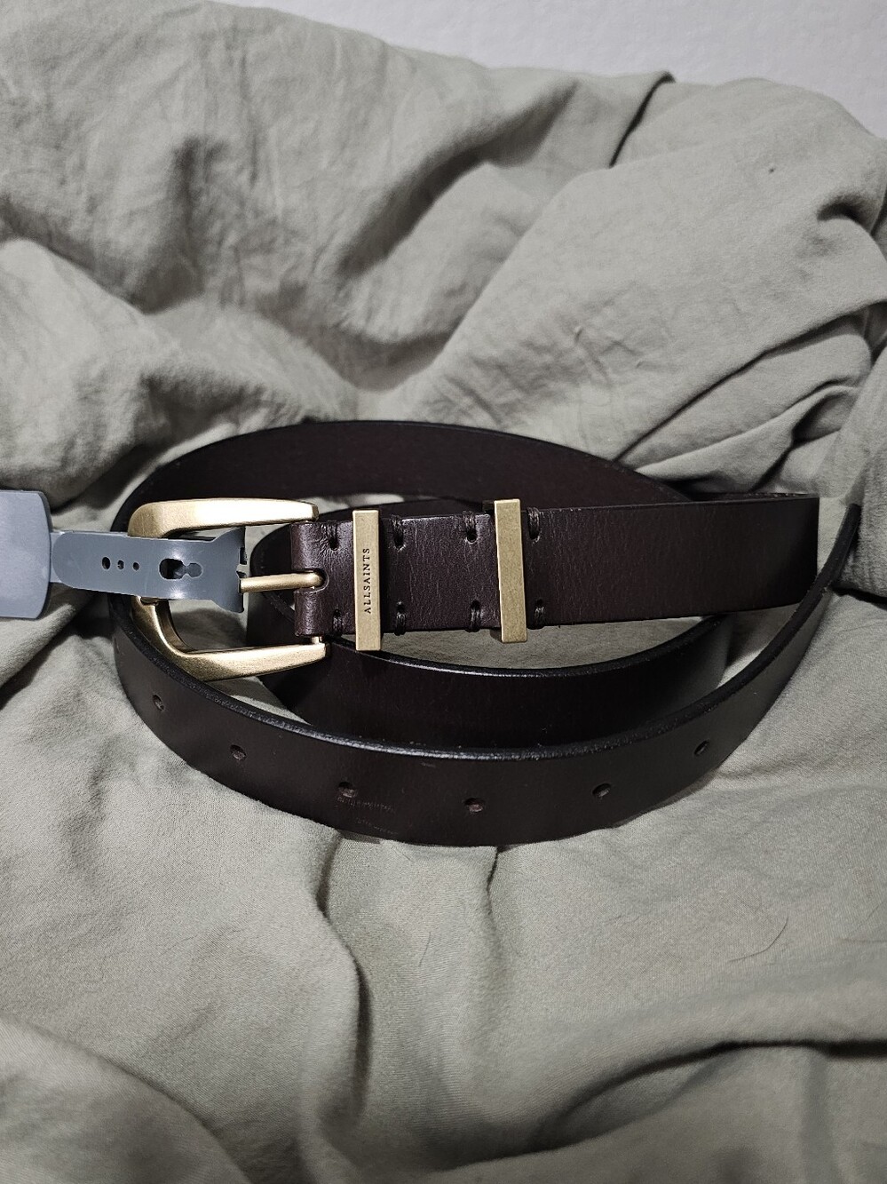 All Saints Brown Leather Belt with Brass Tone Buckle Size L